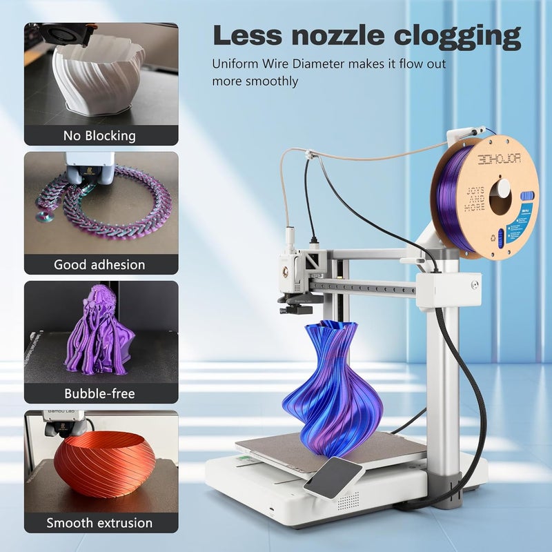 3DHoJor Silk PLA Filament 1.75mm Blue Purple Dual Color PLA 3D Printer Filament 2 in 1 Coextrusion 1KG Spool(2.2lbs) 3D Printing Filament Dimensional Accuracy +/- 0.03mm Fits for Most FDM 3D Printers - Image 4
